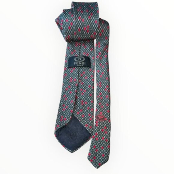 Vintage FENDI Roma SILK Designer Luxury Men Dark Grey black Red Print green TIE - Picture 2 of 3